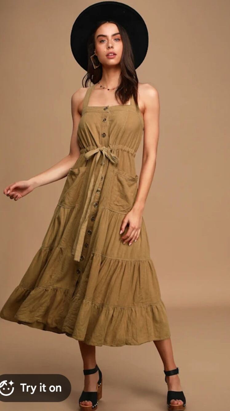 Free People Dress Medium Catch the Breeze Tan Linen Midi Brown Boho Casual - Picture 1 of 12